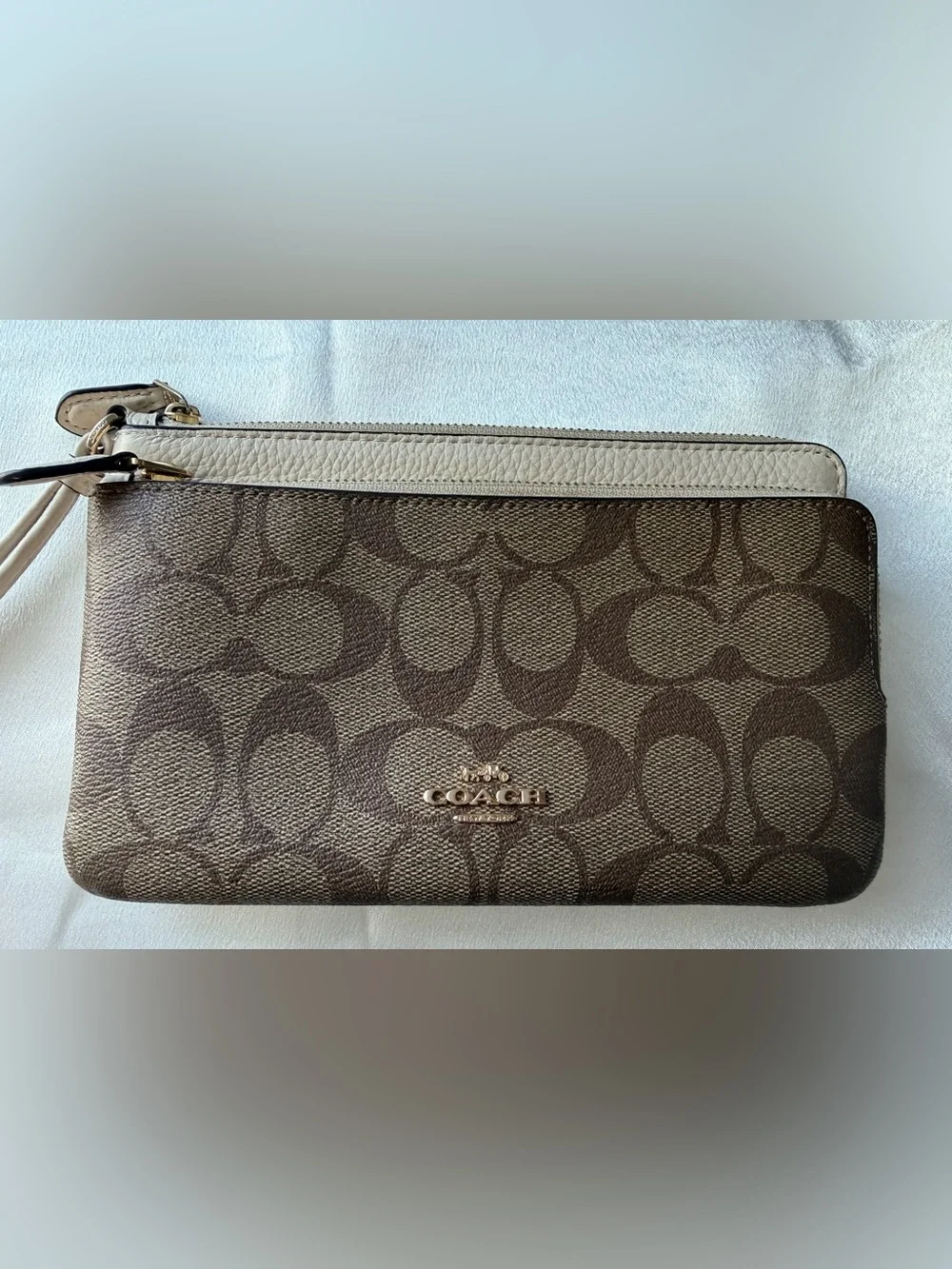 Coach Brown Signature Canvas Zip Wallet with Light Tan Trim